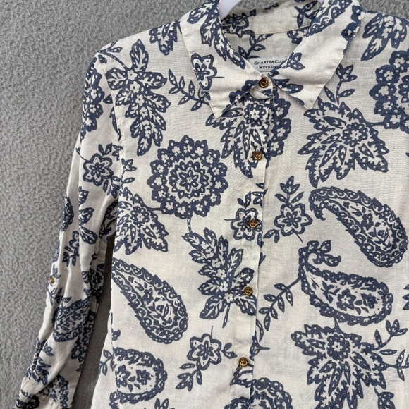 Charter Club Weekend Linen Button Down Shirt Blue Paisley Floral Medium - Picture 11 of 15